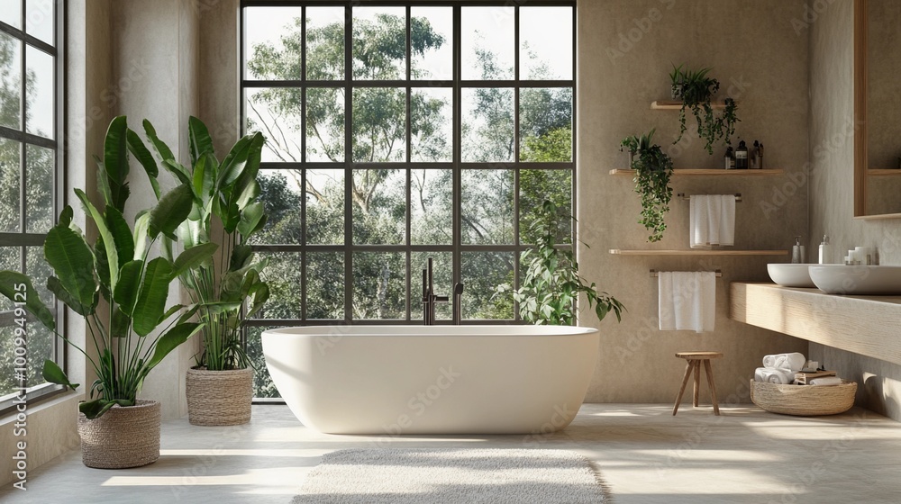 Spacious modern bathroom, freestanding bathtub, wooden accents, large windows, natural light, neutral color palette, elegant simplicity Spacious modern bathroom, freestanding bathtub, wooden accents, large windows, natural light, neutral color palette, elegant simplicity