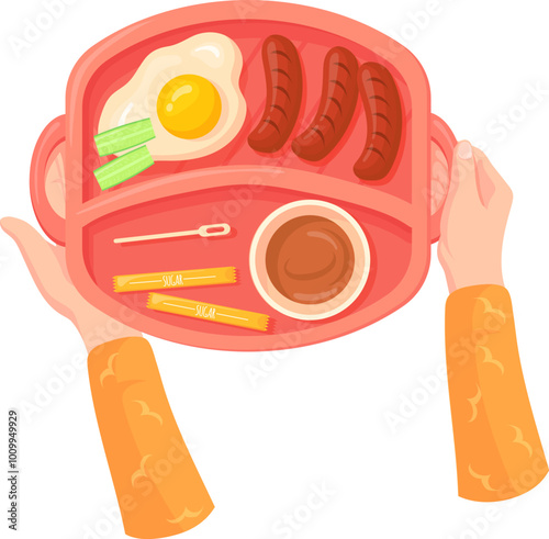 Human hands hold food tray. Kid breakfast cartoon icon