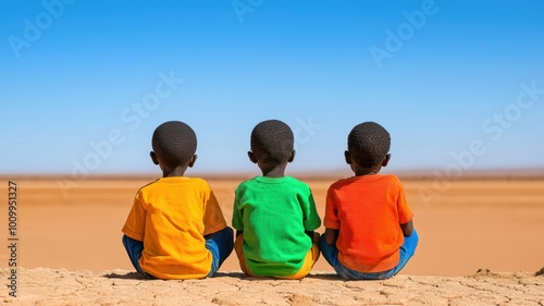 Desperate Hunger, Starving Children in Arid Landscape Depicting Global Famine Crisis - Copy Space Available for Text photo