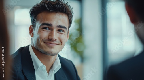 Young Businessman Winking in a Modern Office Setting