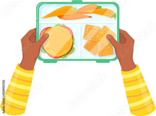 Lunchbox container in black hands. Kid food container