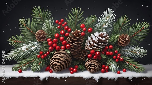 Christmas decoration theme abstract background with cones, pine cones, evergreen branches and clusters of bright red berries