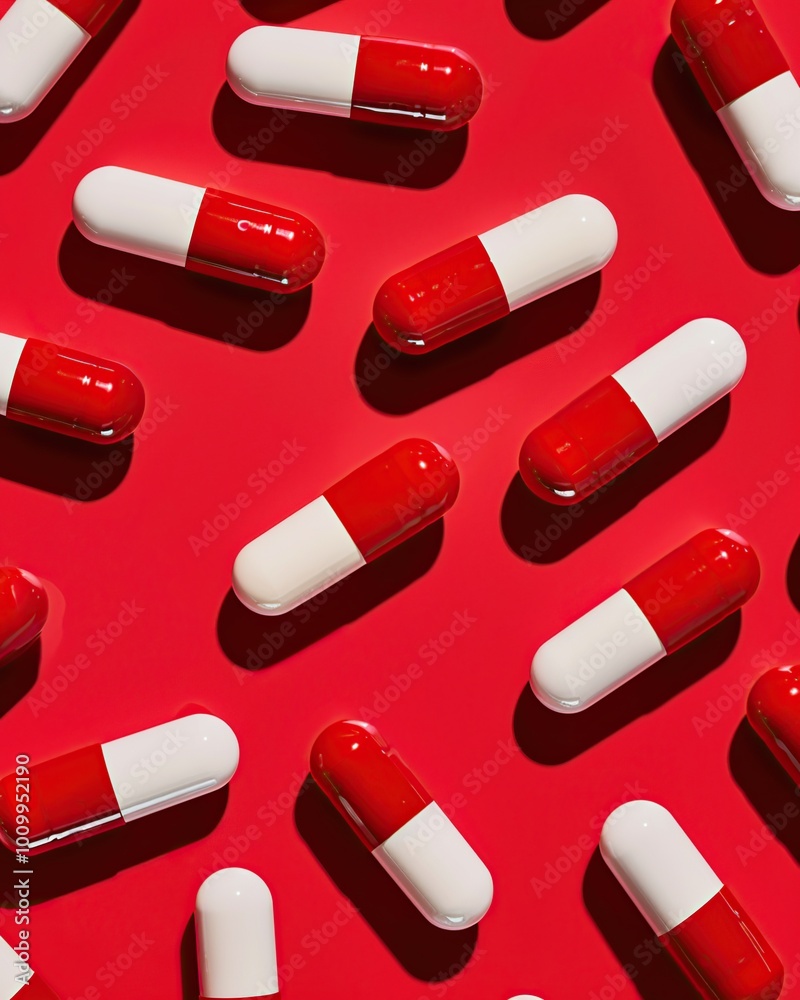 pattern of red and white pills on a red background pattern of red and white pills on a red background