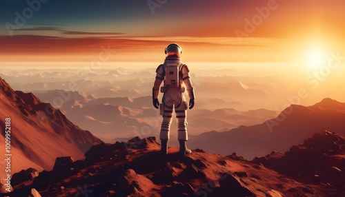 Astronaut atop rugged peak during cinematic Martian sunset, embodying the spirit of exploration and adventure