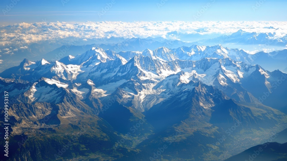 Obraz premium Aerial View of Snow-Capped Mountains with a Valley Below
