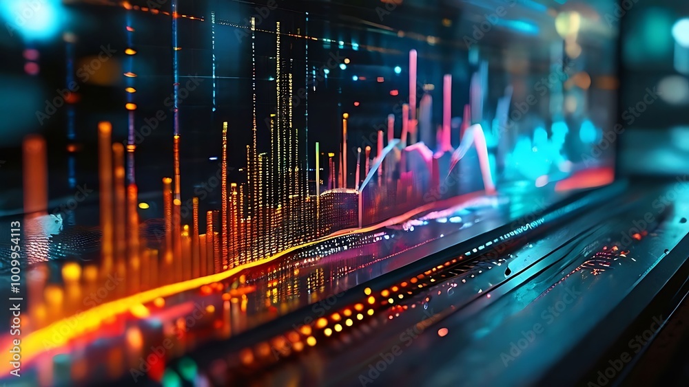 Fototapeta premium Abstract Cityscape with Neon Lights and Data Visualization