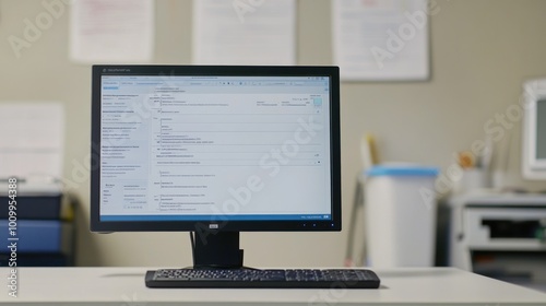 A computer monitor displaying a software interface in an office setting.