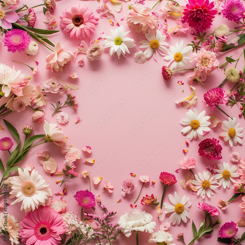 frame of flowers on a pink background, inscription, name, top view frame of flowers on a pink background, inscription, name, top view