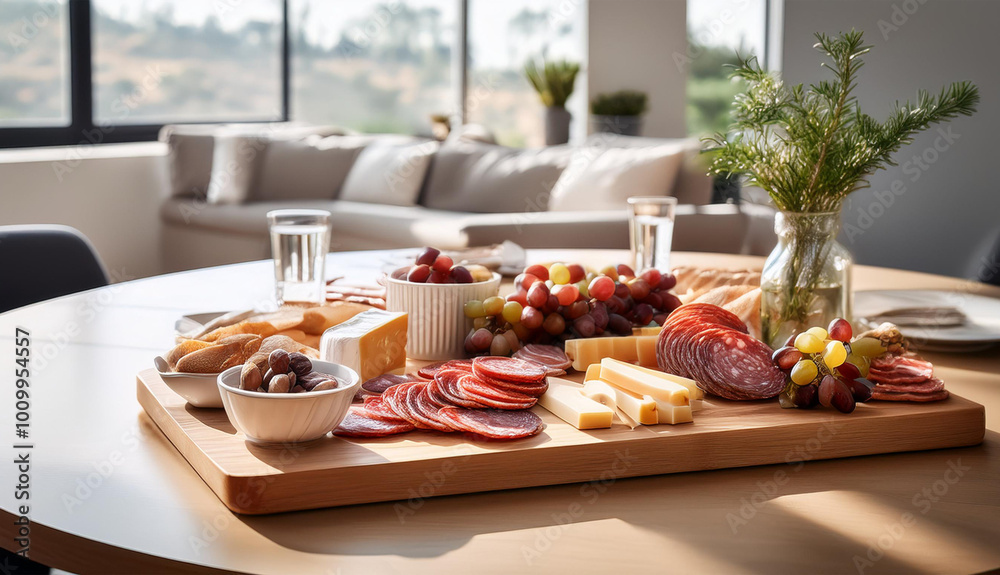 Fototapeta premium charcuterie board with deli, cold cuts, cheese, grapes and red wine