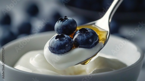   A spoonful of yogurt and blueberries in a bowl, with a spoonful of yogurt on top