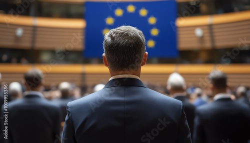 Back of unrecognizable formal politicians at the European Union Parliament, with the EU flag displayed prominently, representing EU political discussions