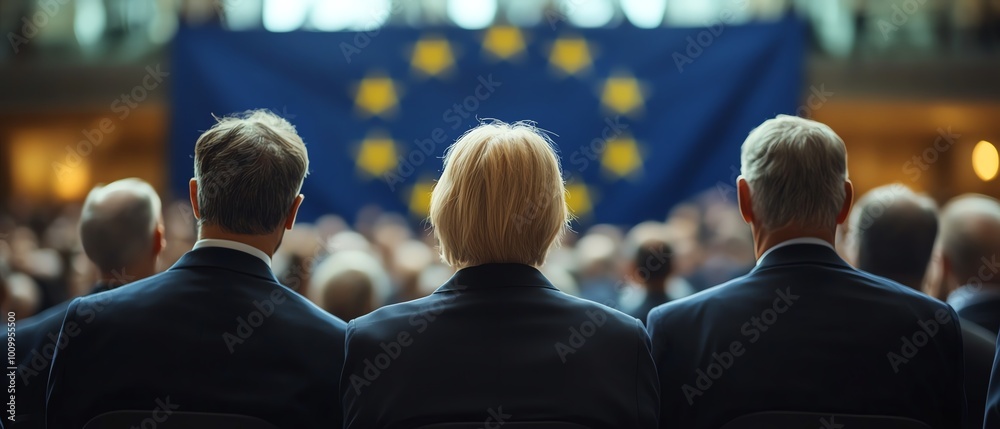 Obraz premium Back view of formal, unrecognizable politicians at the EU Parliament in front of the European Union flag, illustrating the concept of European Union politics