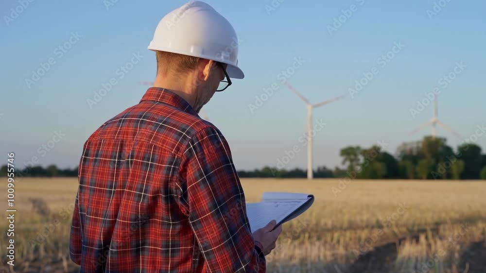 Man engineer, wearing a white protective helmet is taking notes with a clipboard in a field with wind turbines, as the sun sets. Clean energy and engineering concept Man engineer, wearing a white protective helmet is taking notes with a clipboard in a field with wind turbines, as the sun sets. Clean energy and engineering concept