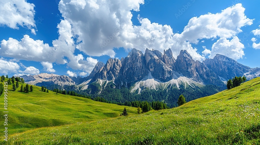 Scenic mountain range with lush green grass and colorful wildflowers in the foreground, set against a serene blue sky dotted with fluffy clouds Scenic mountain range with lush green grass and colorful wildflowers in the foreground, set against a serene blue sky dotted with fluffy clouds