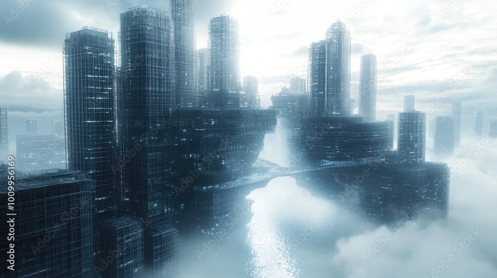 Futuristic Cityscape with Glass Buildings Emerging from Clouds Futuristic Cityscape with Glass Buildings Emerging from Clouds