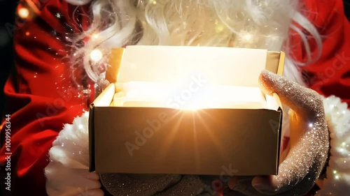 Santa holding a glowing gift box, creating a magical and festive holiday moment