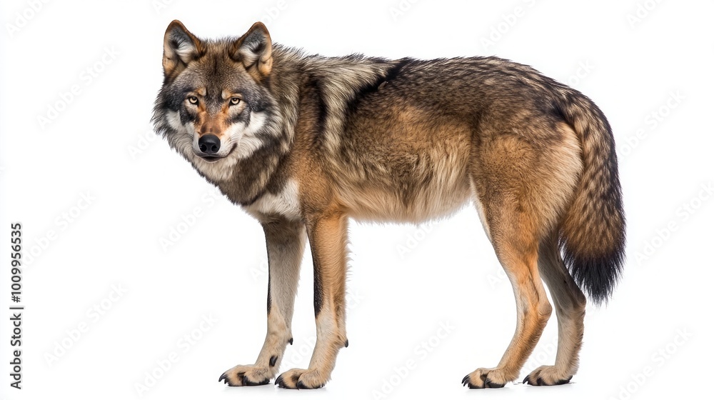 striking grey wolf stands alert, its ears perked up as it surveys its surroundings. The fine details of its fur are highlighted against the stark white backdrop, creating a captivating visual. striking grey wolf stands alert, its ears perked up as it surveys its surroundings. The fine details of its fur are highlighted against the stark white backdrop, creating a captivating visual.