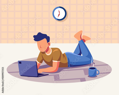 A flat illustration of a young man lying on his stomach while playing on his laptop.