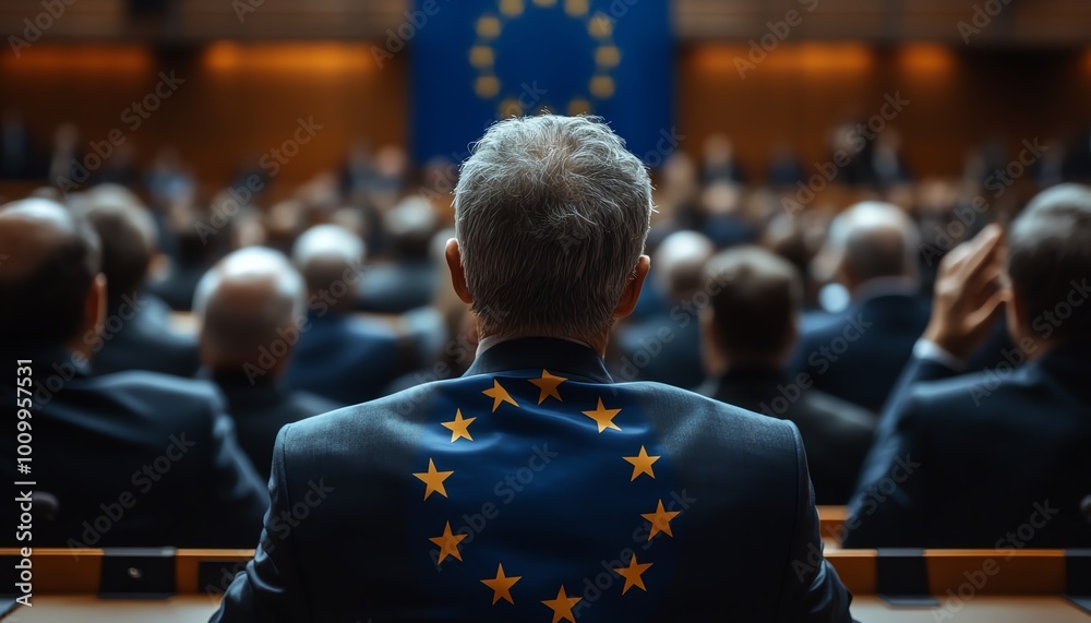 Formal politicians from the back in the EU Parliament chamber, with the European Union flag in the foreground, representing EU political concepts Formal politicians from the back in the EU Parliament chamber, with the European Union flag in the foreground, representing EU political concepts