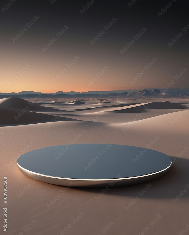 Naklejka premium Minimal podium in a desert, dark environment, gradient sky, for product presentation with copy space (11)