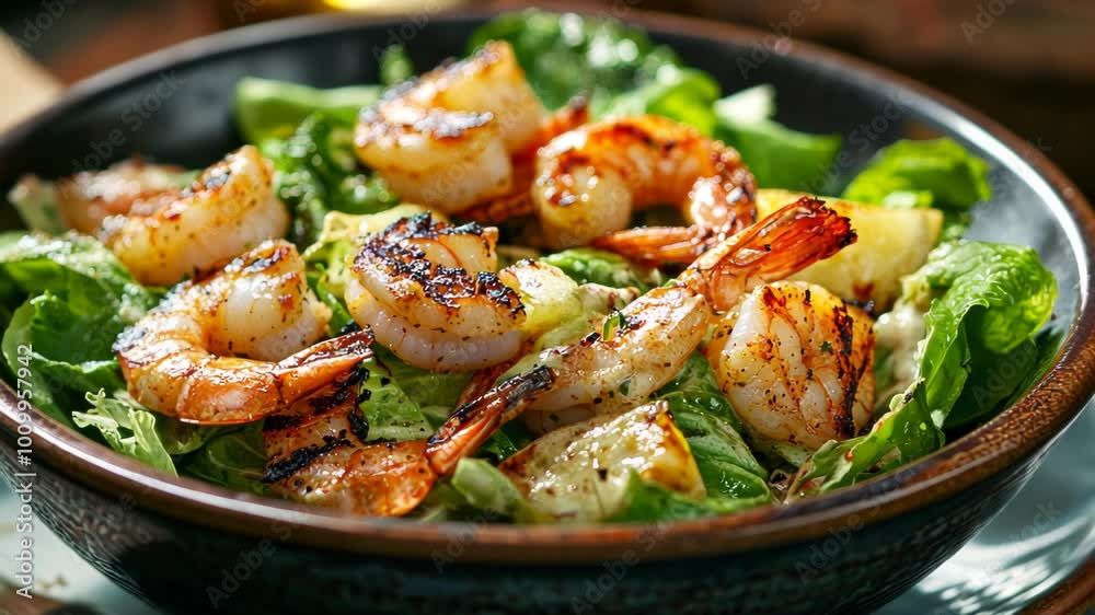 A vibrant salad featuring grilled shrimp atop fresh greens, showcasing a delicious meal. A vibrant salad featuring grilled shrimp atop fresh greens, showcasing a delicious meal.