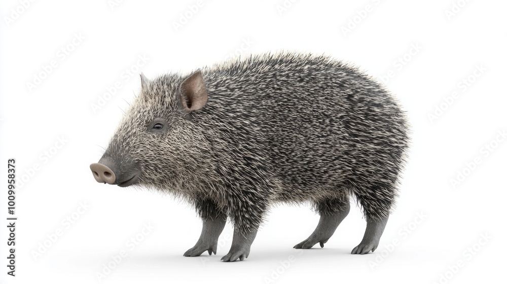 Standing confidently on a plain background, a javelina with distinctive bristly fur and prominent tusks captures attention with its wild and rugged allure.