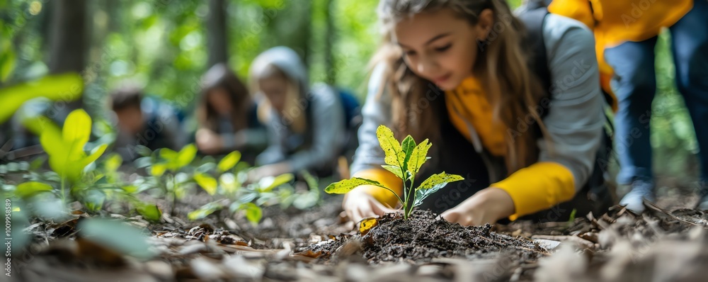 Naklejka premium Outdoor learning experience with students in a forest, engaged in handson environmental science experiments, emphasizing the benefits of experiential learning