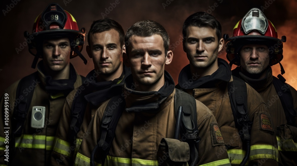 Firefighters portrait with people in special uniform. Neural network ai generated art Firefighters portrait with people in special uniform. Neural network ai generated art