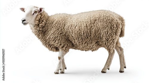 Standing proudly, this merino sheep captivates with its dense, soft wool coat, exhibiting a fluffy appearance that adds charm and warmth to the serene ambiance around it.