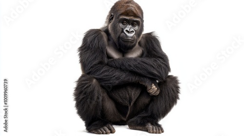 mountain gorilla sits thoughtfully, arms crossed, showcasing its rich, detailed fur. The isolated setting emphasizes its majestic presence and contemplative nature.