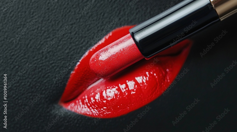 Obraz premium Close-up photo of red lipstick on black background with gold lip ring on lip's tip