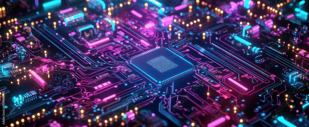 Close-up of a Circuit Board with Glowing Pink and Blue Lines Close-up of a Circuit Board with Glowing Pink and Blue Lines