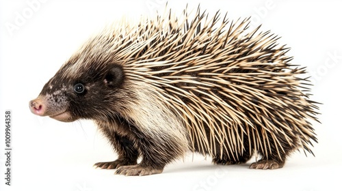 porcupine stands alert, its quills poised and ready. The detailed spines protrude elegantly, highlighting the unique adaptations of this fascinating creature in a strikingly empty space.