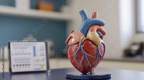 A detailed anatomical model of a heart with a digital display for educational purposes. photo