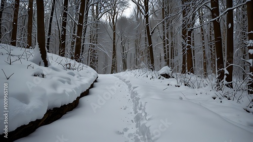 Snowed-In Pathways A narrow, winding path through the woods completely covered in deep snow, making it impassable and lost to winter's grasp.