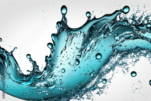 Close-up of a blue water splash with droplets and bubbles isolated on white background.