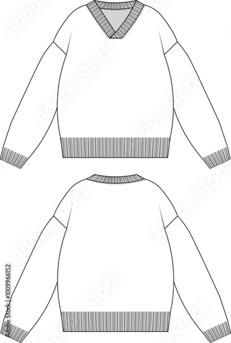 drop shoulder long sleeve v neck ribbed collar cuff hem loose slouchy oversize sweater knitwear template technical drawing flat sketch cad mockup fashion man men mens  design style model
