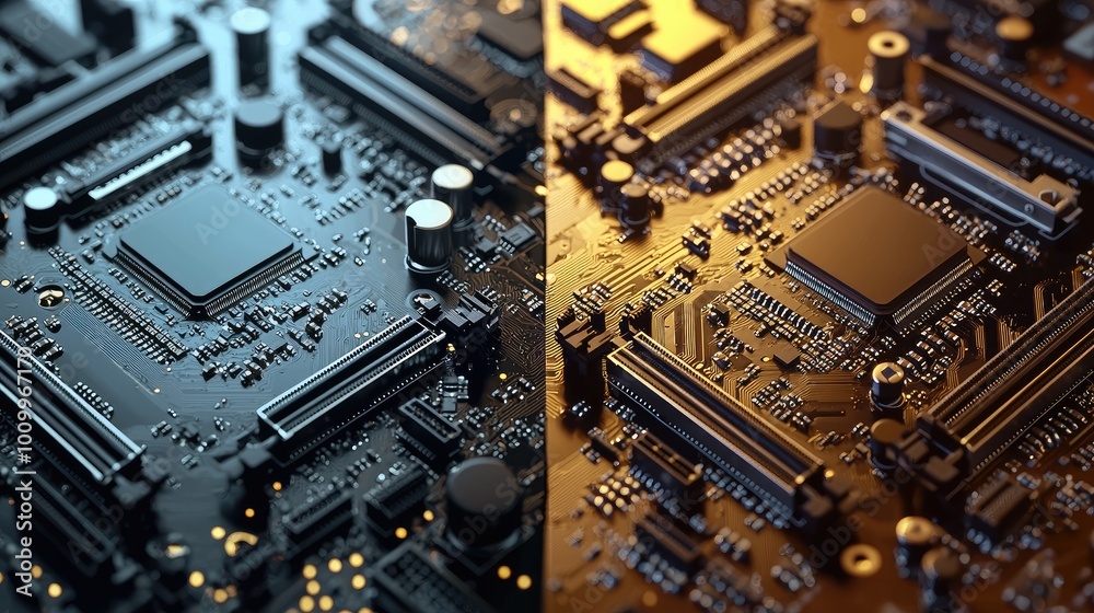 Fototapeta premium Close-up of a Motherboard with Black and Gold Circuits