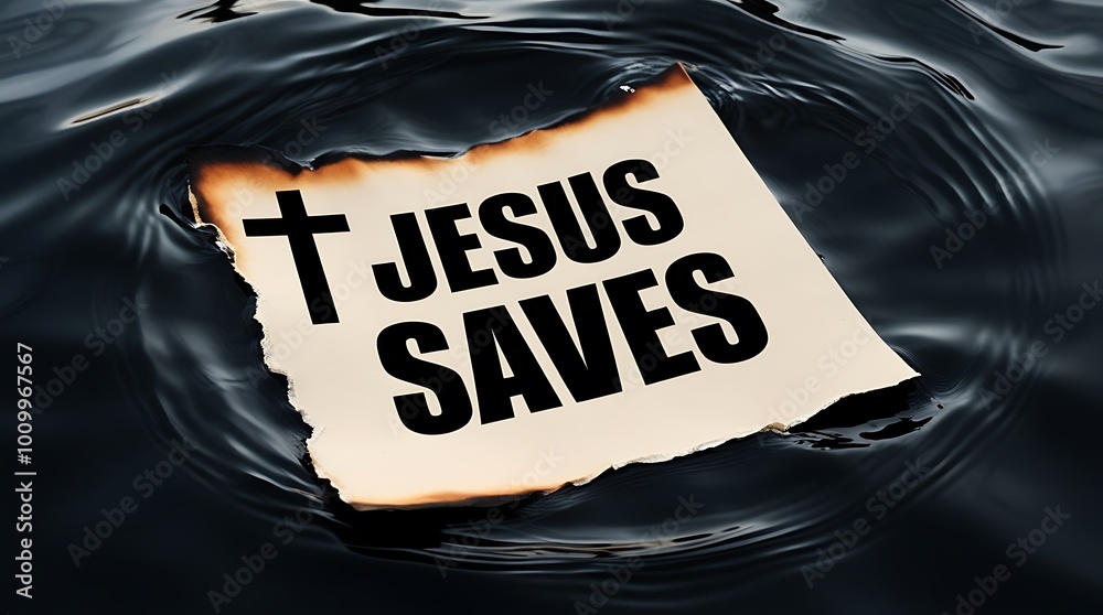 Paper note with Christian cross symbol and text Jesus saves floating on ...