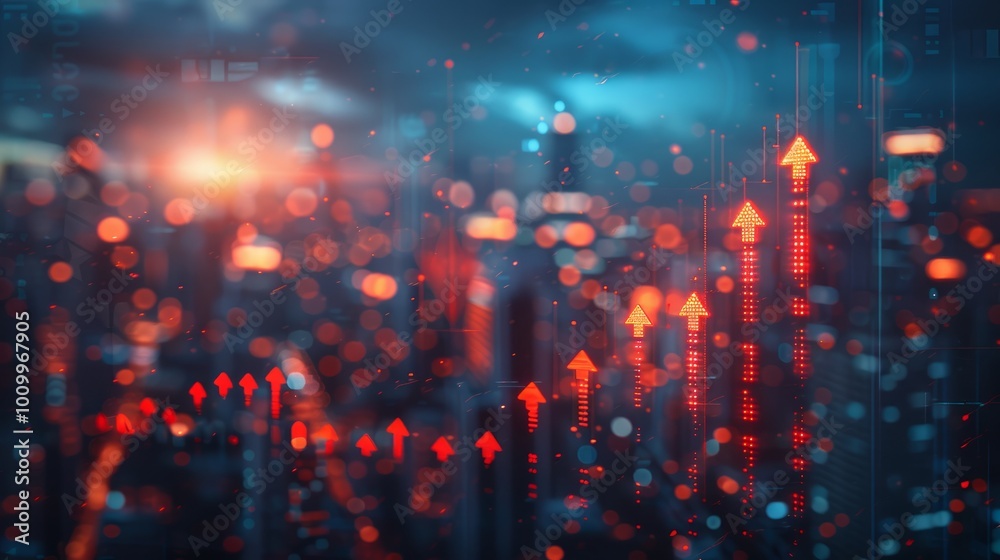 Abstract business chart with growing red arrows on blurry city backdrop. Financial growth, trade and market concept. Double exposure Abstract business chart with growing red arrows on blurry city backdrop. Financial growth, trade and market concept. Double exposure