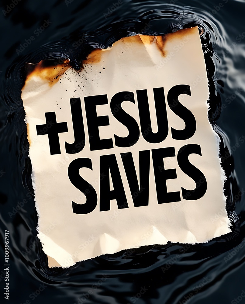 Paper note with Christian cross symbol and text Jesus saves floating on ...