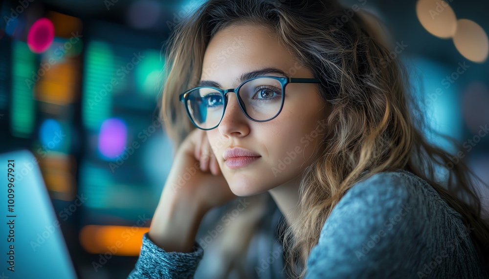Beautiful female IT specialist working on a laptop, looking around the office, deep in thought, solving programming challenges, professional and happy software engineer Beautiful female IT specialist working on a laptop, looking around the office, deep in thought, solving programming challenges, professional and happy software engineer