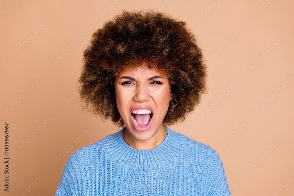 Photo of young aggressive screaming lady with brown hair chevelure in blue knitted sweater isolated on beige color background Photo of young aggressive screaming lady with brown hair chevelure in blue knitted sweater isolated on beige color background