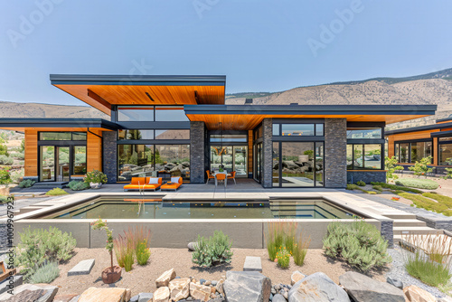 A stunning contemporary residence features large windows and an inviting outdoor pool, blending modern architecture with serene natural surroundings. The bright seating area adds a touch of leisure.