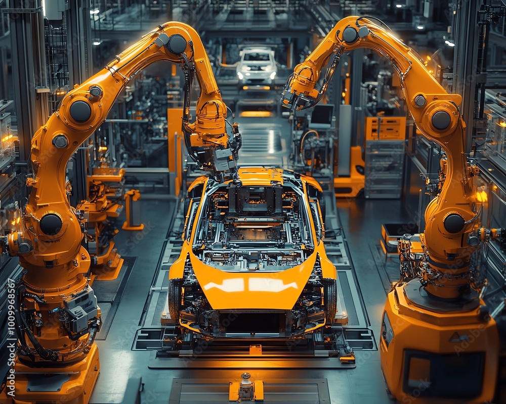Aerial Flyover of AIDriven Factory Robotic Arms Autonomously Assembling Car Frames, Precision Manufacturing of Electric Vehicles