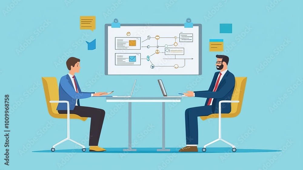 Fototapeta premium Business Consulting Business consultant explaining, flowchart with client, flat design illustration