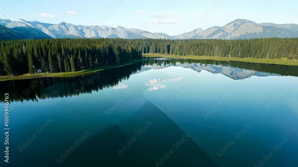 4K Drone Shot of Serene Mountain Lake Surrounded by Forest and Snow-Capped Peaks – Scenic Reflection 4K Drone Shot of Serene Mountain Lake Surrounded by Forest and Snow-Capped Peaks – Scenic Reflection