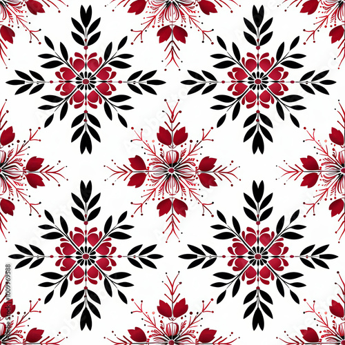 A stunning floral pattern showcases intricate red flowers and black leaves on a crisp white background, offering a timeless design ideal for many applications. photo