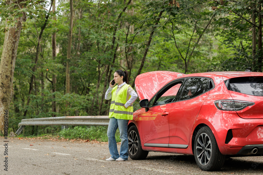 Breakdown on the road, the woman with her cell phone to get help or contact the mechanic.She calls roadside assistance, she does not agree with the solution they give her. Take out good car insurance. Breakdown on the road, the woman with her cell phone to get help or contact the mechanic.She calls roadside assistance, she does not agree with the solution they give her. Take out good car insurance.