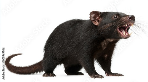 Tasmanian devil stands assertively with its mouth slightly agape, showcasing its formidable presence on a stark white background, highlighting its fierce demeanor. photo